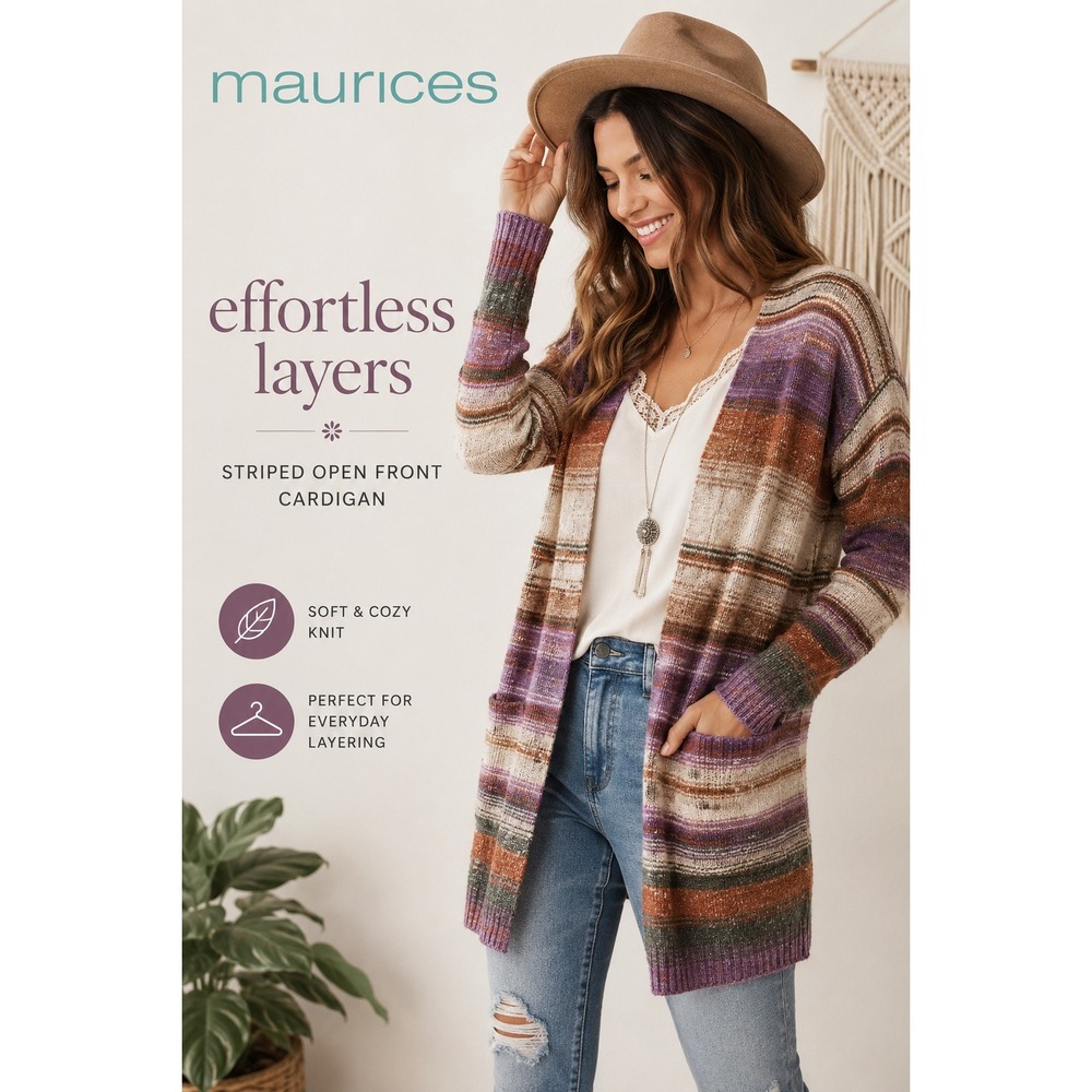 Maurices Womens Striped Open Front‎ Long Sleeve Cardigan Sweater Size L